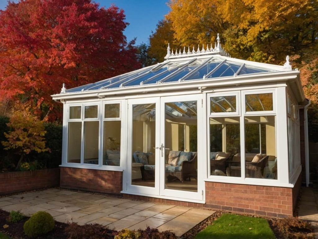 White conservatory surrounded by vibrant autumn trees in a Milton Keynes garden.