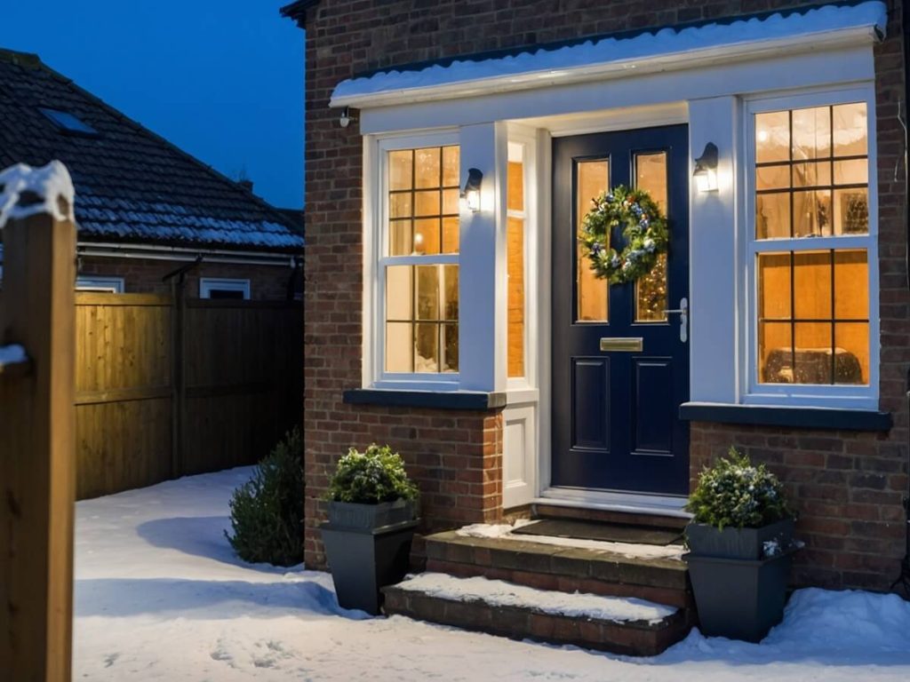 Navy composite front door with wreath and snow-covered steps on a brick house, warmly lit windows in winter.