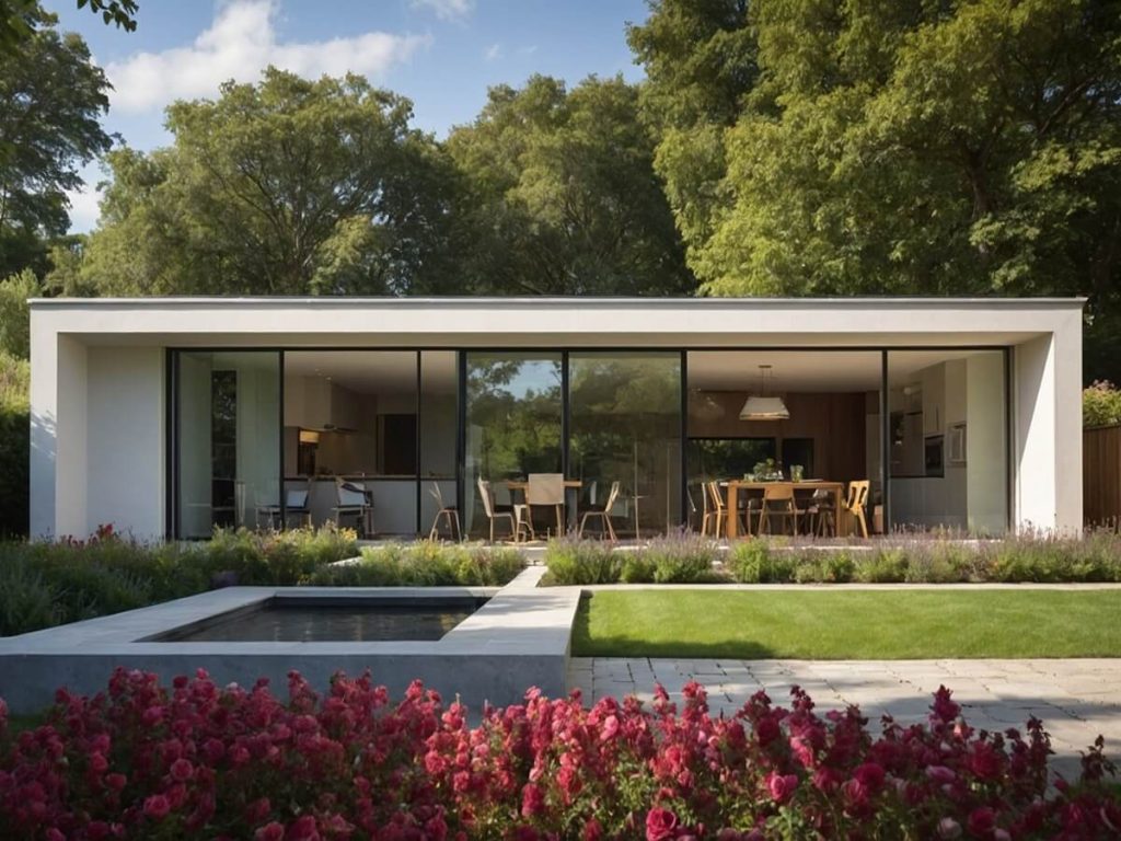 Modern home with floor-to-ceiling glass walls and a lush garden filled with greenery and blooming flowers on a sunny day