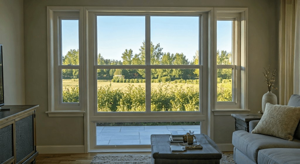 A spacious living room with a large double-glazed window offering a clear view of the outdoors, showing the benefits of energy-efficient window solutions in Milton Keynes.