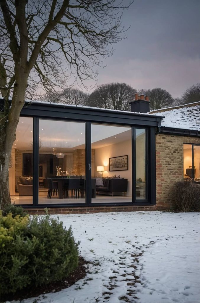 Modern aluminium bifold door on a brick home with a snowy garden, showing warmth and insulation in a winter scene.