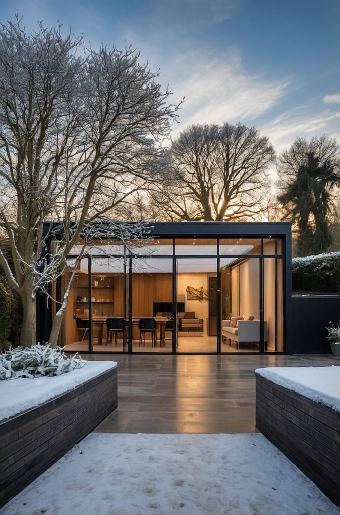 Modern aluminium bifold door in a snowy Buckinghamshire garden, showcasing warmth retention and energy efficiency.