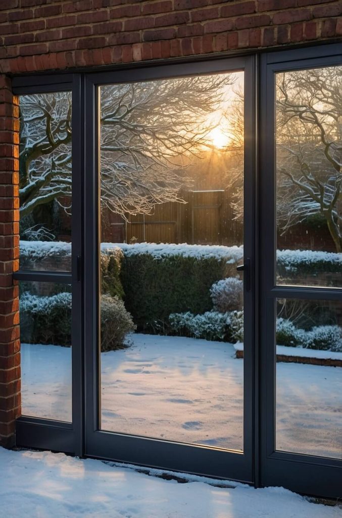 Aluminium bifold door with snow-covered garden and sunrise reflection, showing insulation benefits in a Buckinghamshire winter.