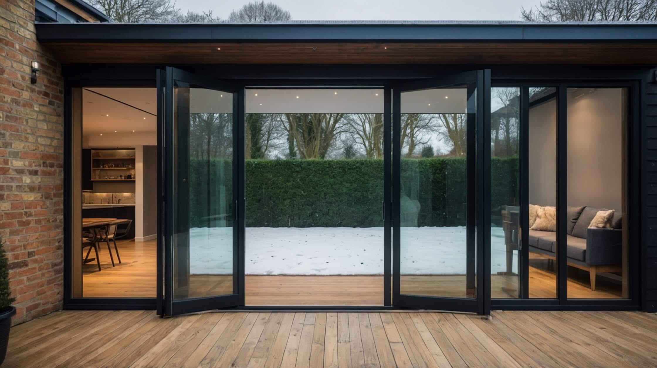 Closed energy-efficient bifold door with even glass panels, showcasing snow-covered outdoors in a Buckinghamshire home.