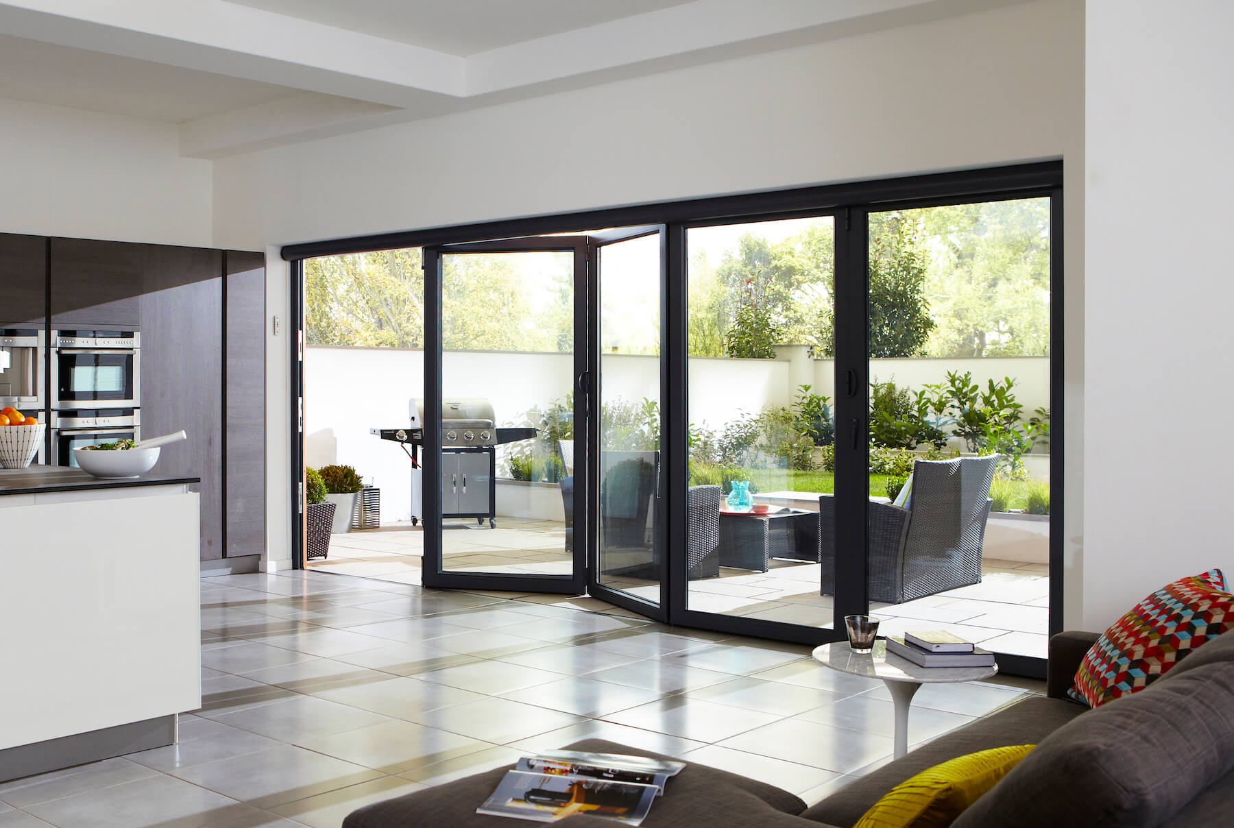 black open bifold door