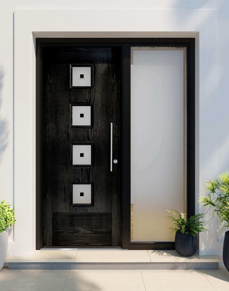 A black composite door with four square glass inserts, paired with a frosted side panel and a sleek metal handle.