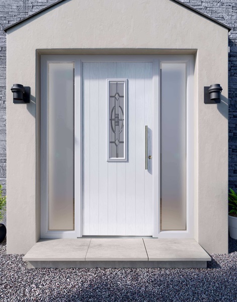 A white composite door featuring a decorative glass panel in the center, with frosted glass side panels and black exterior wall lights.