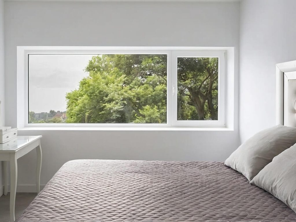 Cortizo A 70 hinged window in a minimalist bedroom with a view of lush greenery.