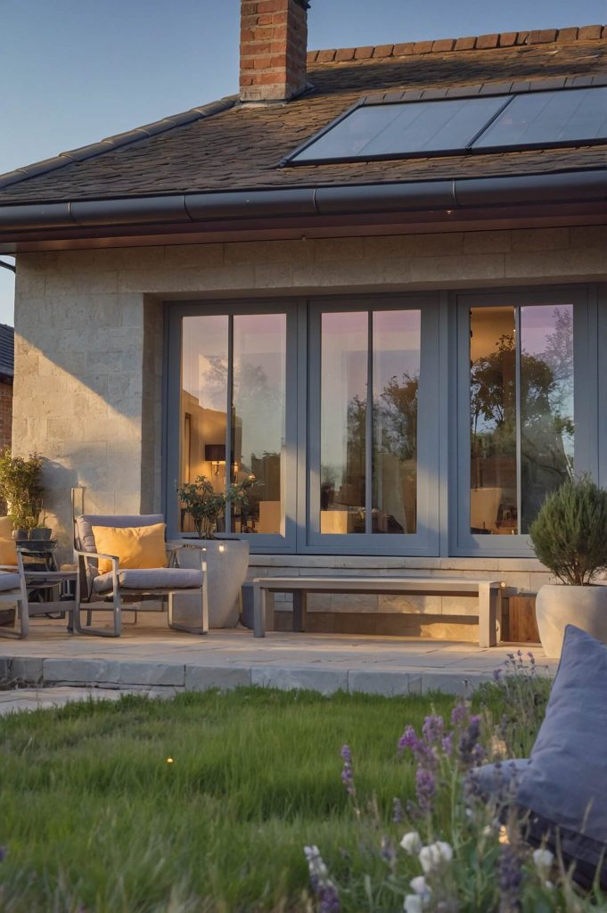 Modern British home with large double-glazed windows and a patio seating area, surrounded by greenery at sunset.