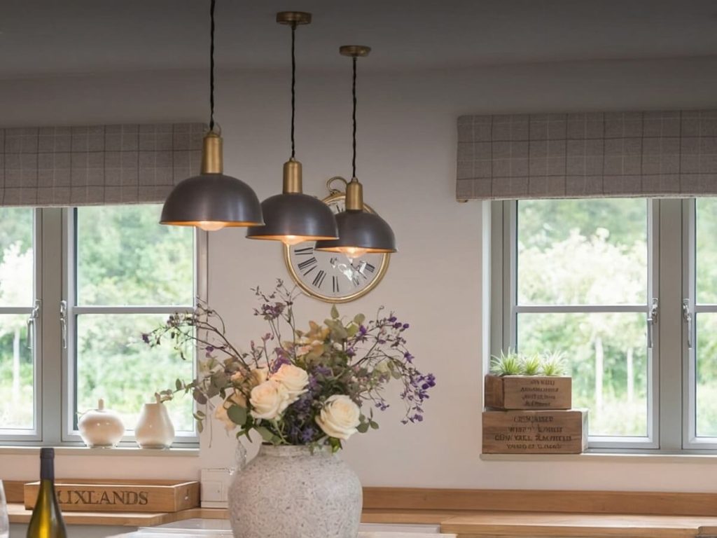 Origin Aluminium casement window in a rustic kitchen with hanging pendant lights and a view of greenery outside.