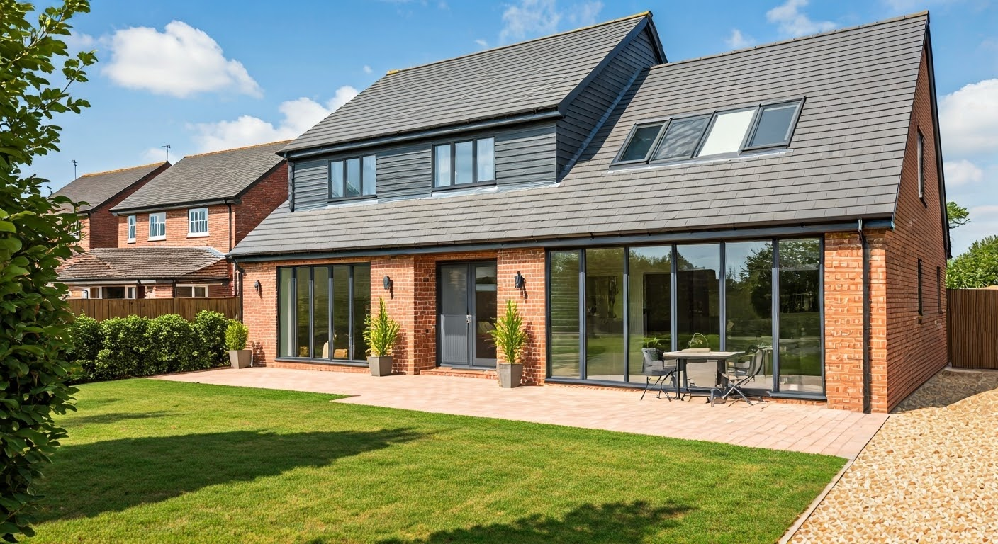 A modern home in Milton Keynes featuring large energy-efficient double-glazed windows and patio doors, illustrating the benefits of double glazing in improving aesthetics, security, and energy efficiency.