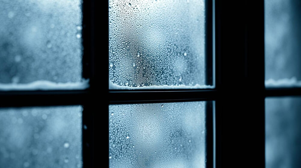 Close-up of a frosted double-glazed window with condensation forming on the panes, illustrating seasonal moisture issues. This image relates to the page content by emphasising the need for energy-efficient windows to manage condensation and improve insulation in winter.