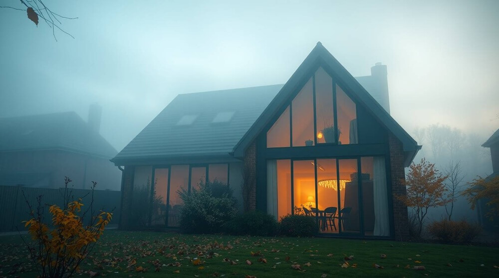 A detached house with modern aluminium windows, illuminated from within, on a foggy autumn evening in Milton Keynes. This image reflects the page content by illustrating the energy efficiency and aesthetic benefits of large, insulated aluminium windows in contemporary homes.