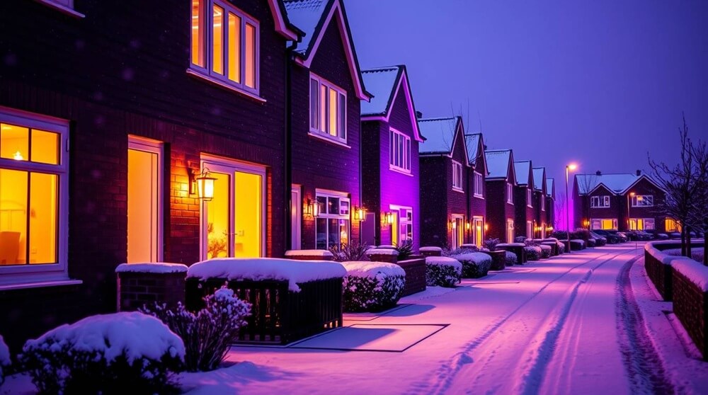 A row of modern homes with UPVC windows on a snow-covered street in Milton Keynes, lit by warm indoor lights. This image complements the page content by illustrating how modern, energy-efficient windows contribute to insulation and aesthetics during winter.