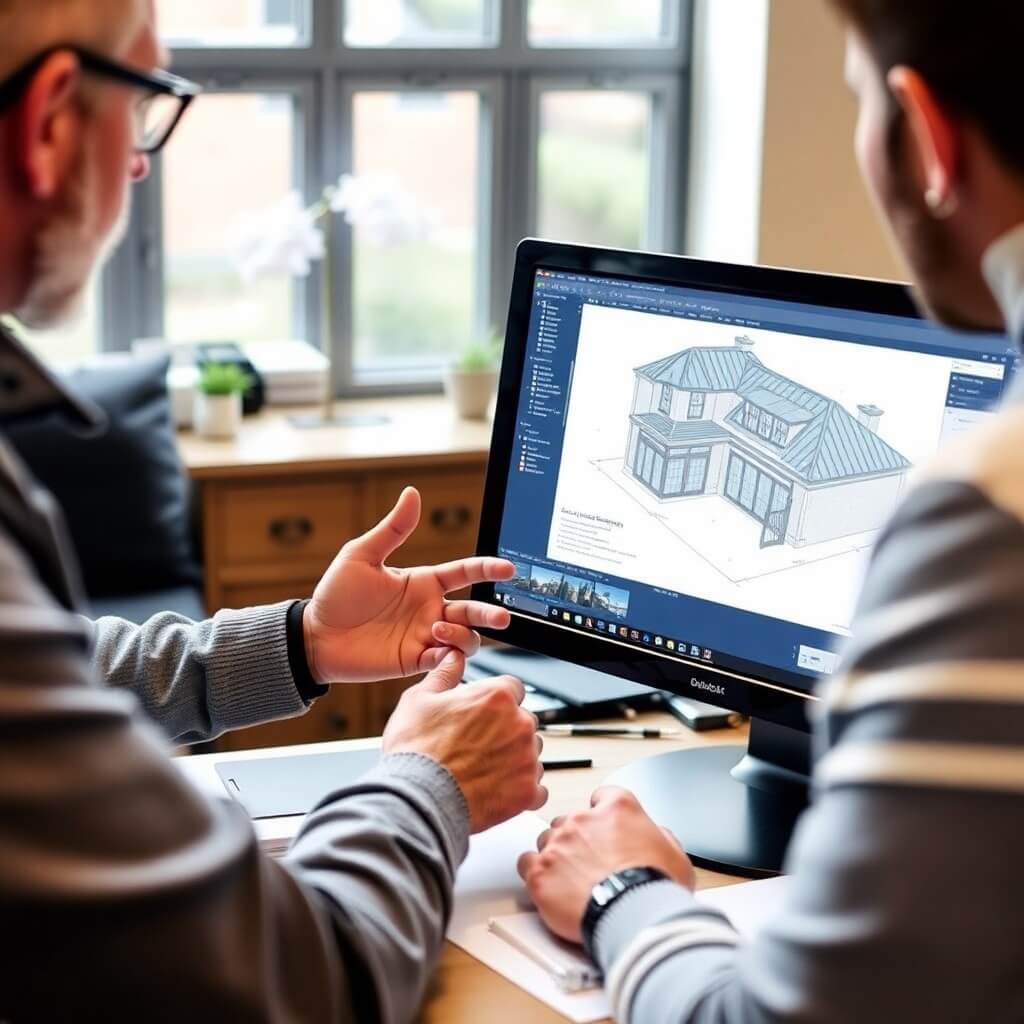 A home improvement specialist discussing a 3D conservatory design plan with a customer on a computer screen, featuring energy-efficient windows and a bi-fold door.