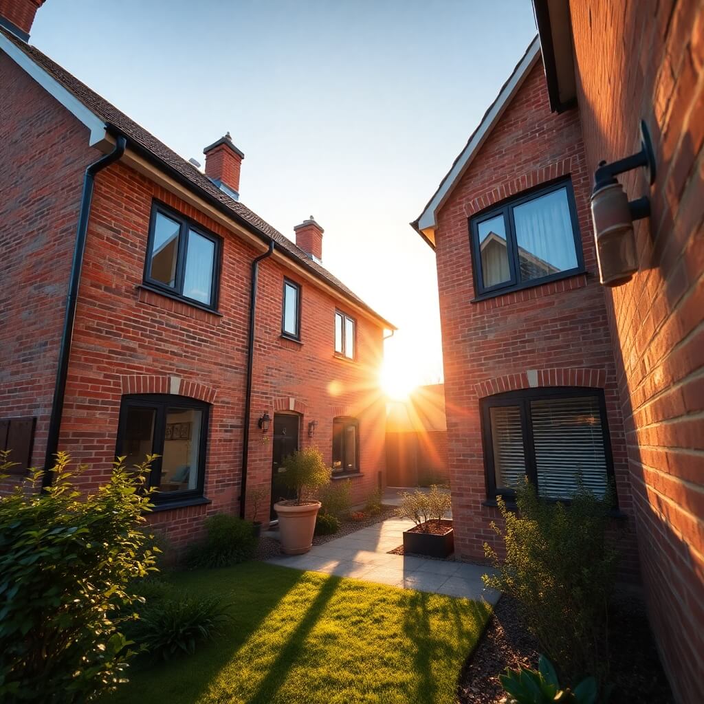 A modern Milton Keynes brick home with black-framed, energy-efficient uPVC windows, reflecting sunlight on a warm day.